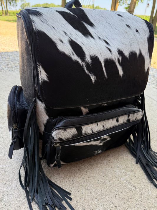 Black Leather Fringe Cowhide Backpack / Diaper Bag