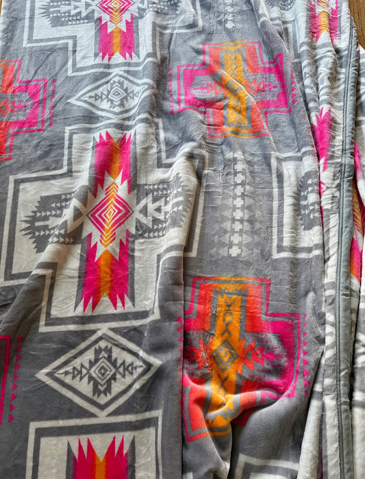 Bright Orange/Pink Gray Aztec Super Plush King Blanket