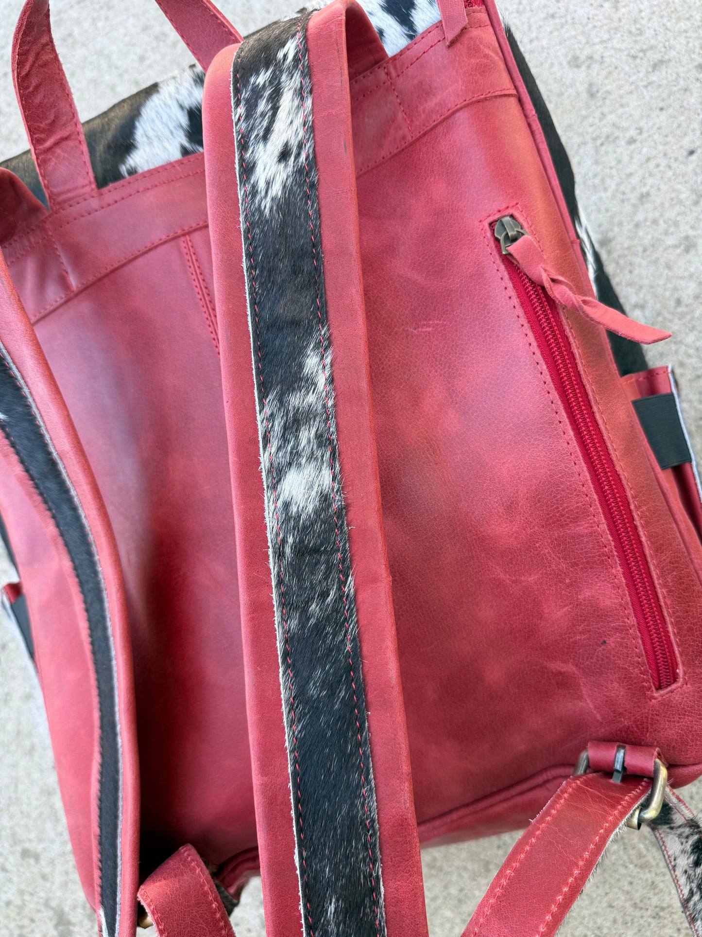 Red Leather Black Cowhide Backpack / Diaper Bag