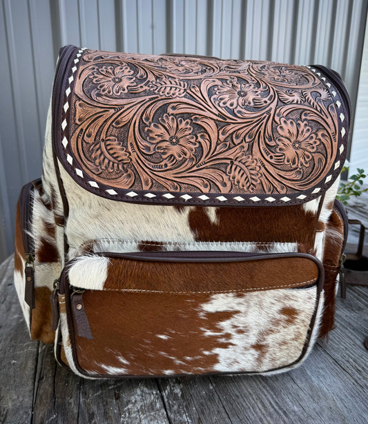 Tooled Leather Spotted Brown Cowhide Leather Backpack / Diaper Bag