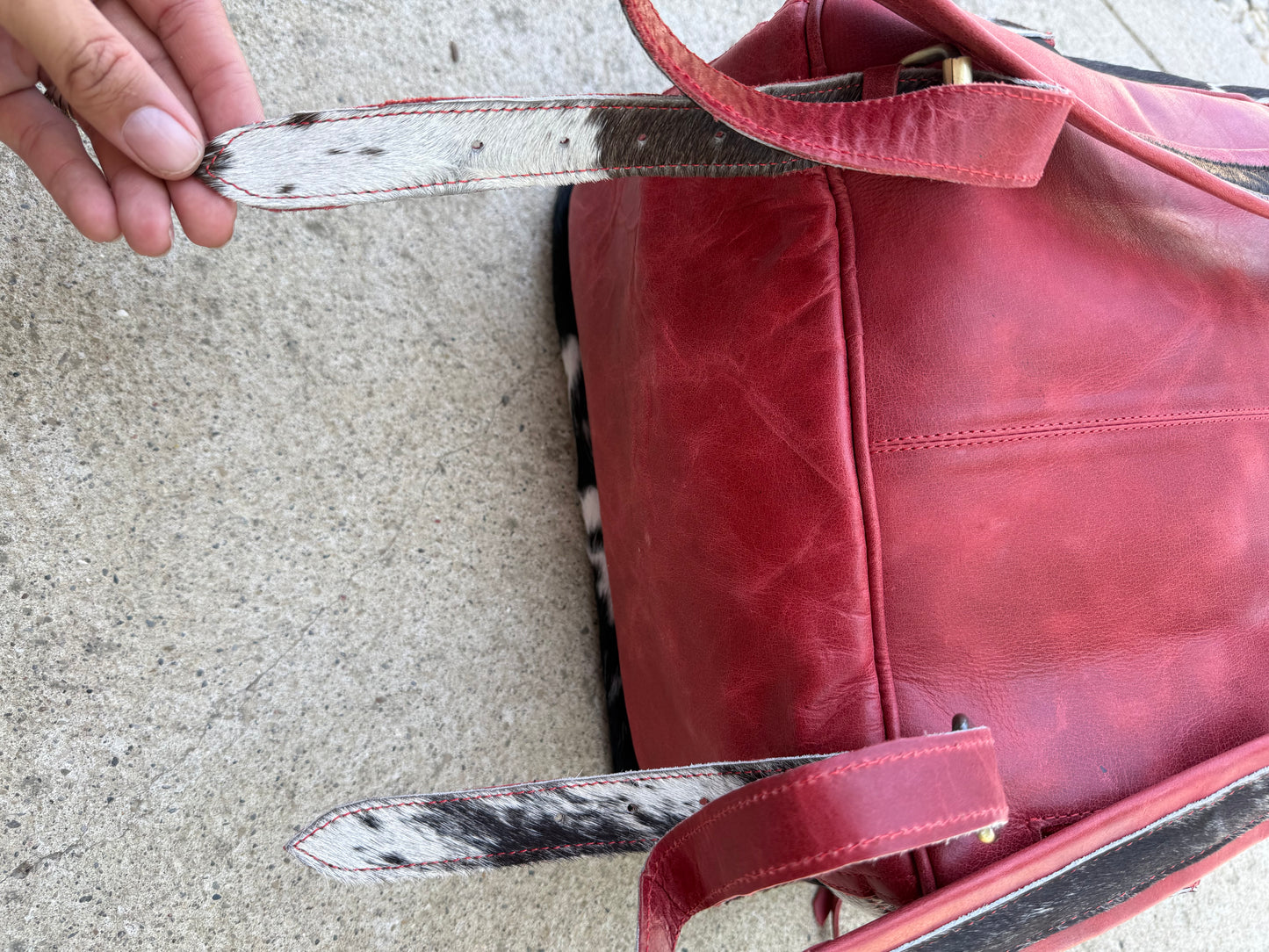 Red Leather Black Cowhide Backpack / Diaper Bag