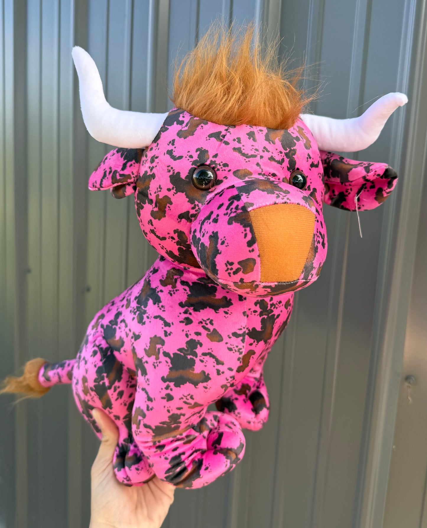 Large Plushie Pink Cowhide Cow Sitting Bull