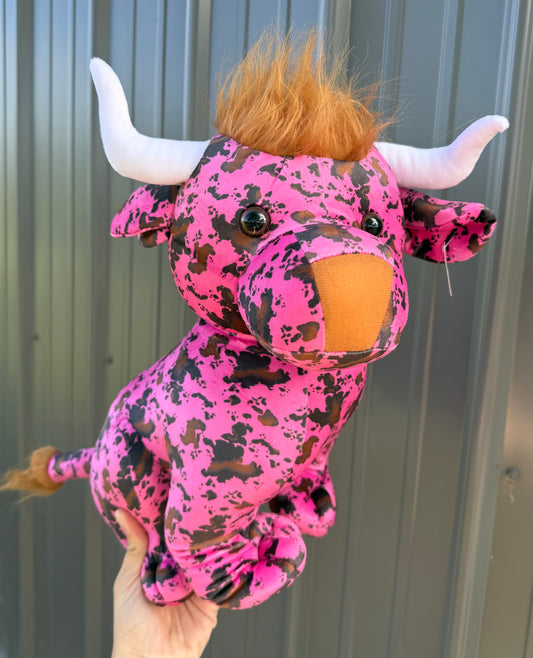 Large Plushie Pink Cowhide Cow Sitting Bull
