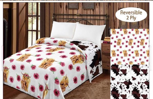 Highland Cow Dark Pink Flower Brown Cowhide Reversible Blanket