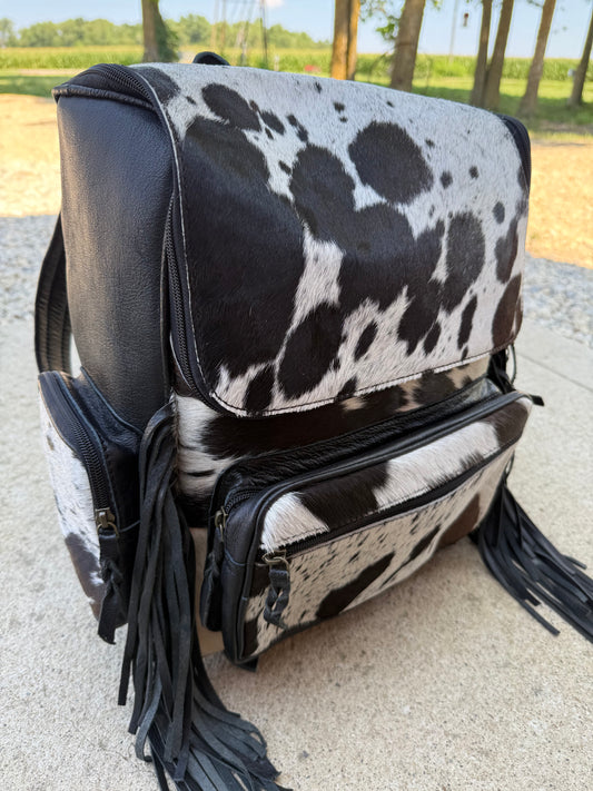 Black Leather Fringe Cowhide Backpack / Diaper Bag