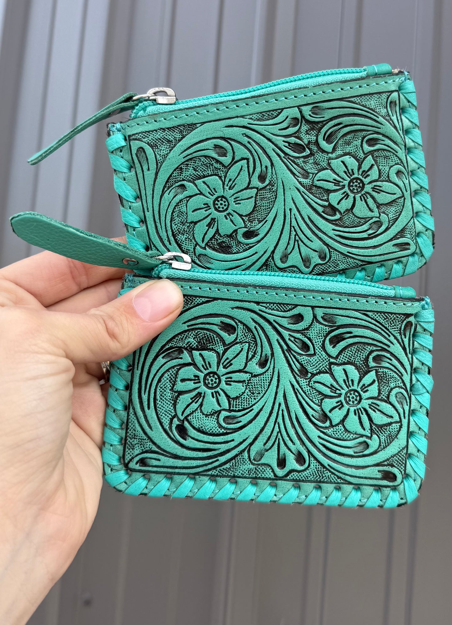 Turquoise Tooled Cowhide Tooled Leather Zipper Pouch