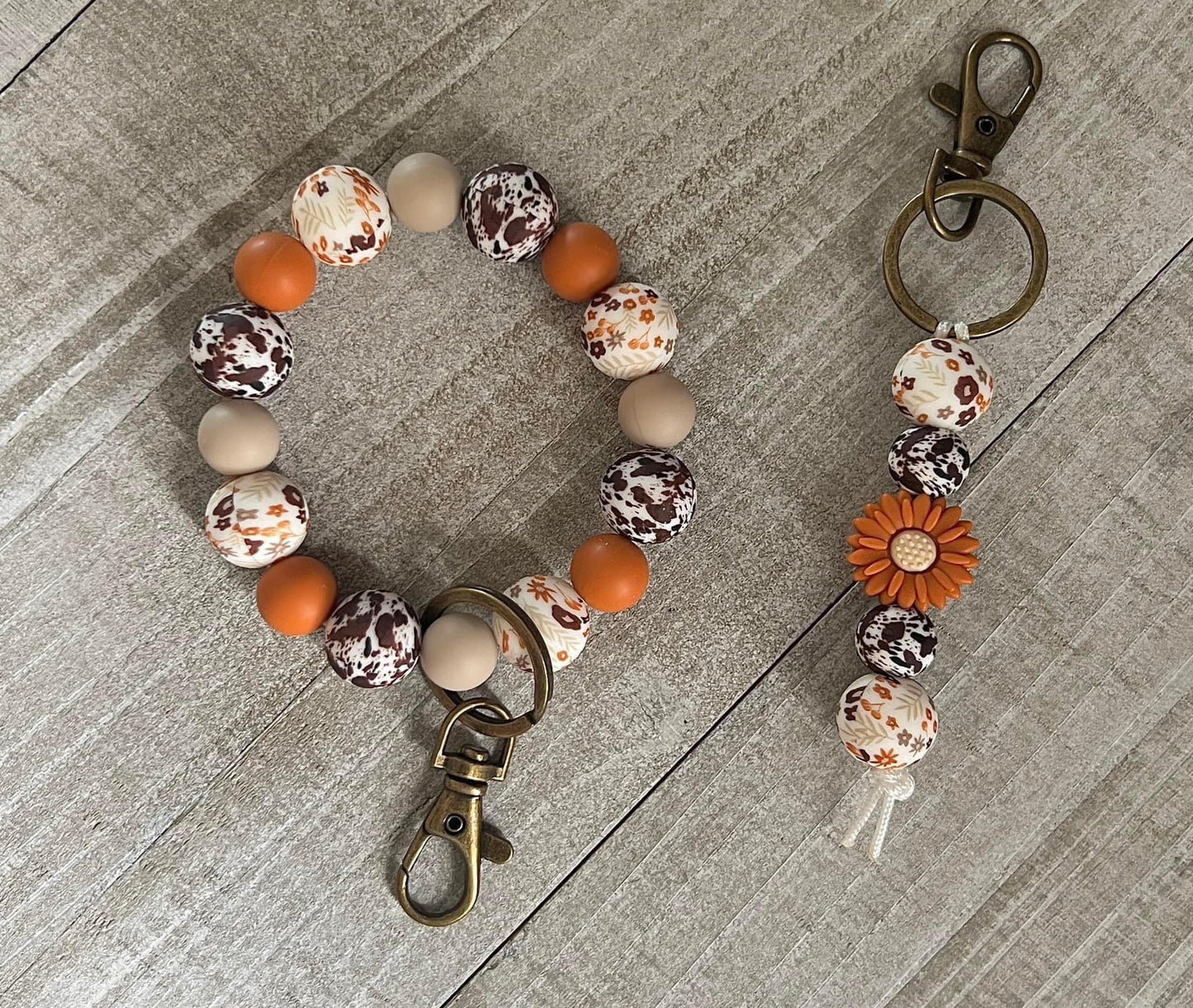 Fall Flowers and Brown Cowhide Keychain Set