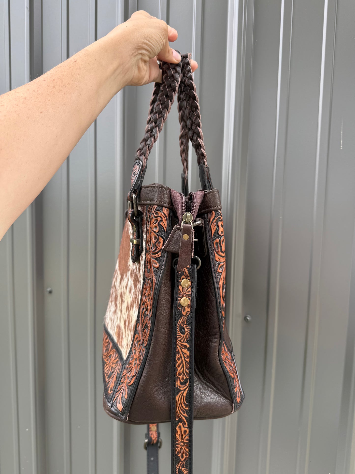 Tooled Genuine Cowhide Purse with Crossbody