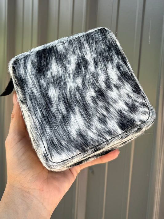 Black Speckled Cowhide Square Jewelry Zipper Box