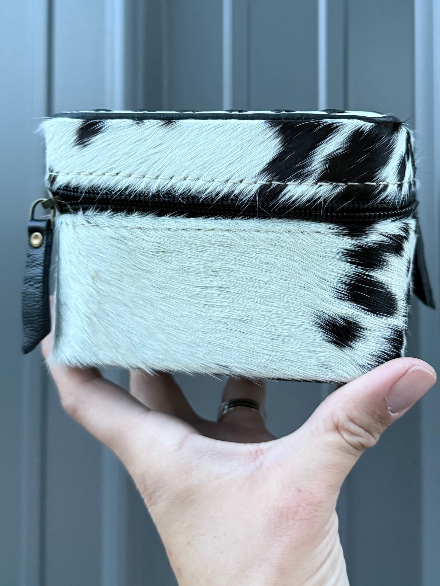 Checkered and Cowhide Square Jewelry Zipper Box