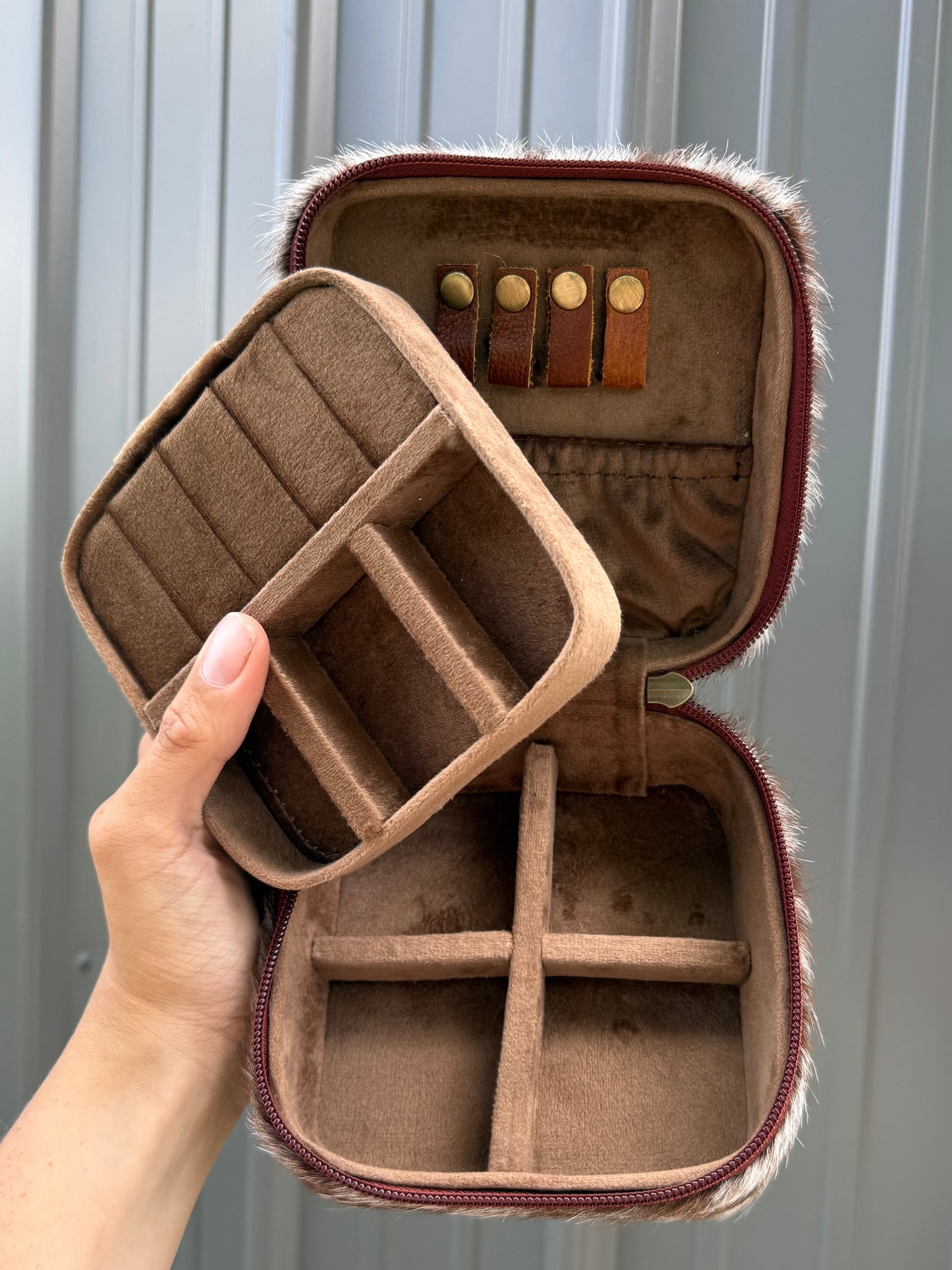 Dark Brown Speckled Cowhide Square Jewelry Zipper Box