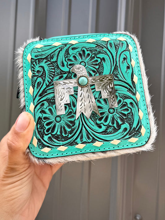 Turquoise Thunderbird Salt & Peeper Speckled Cowhide Square Jewelry Zipper Box