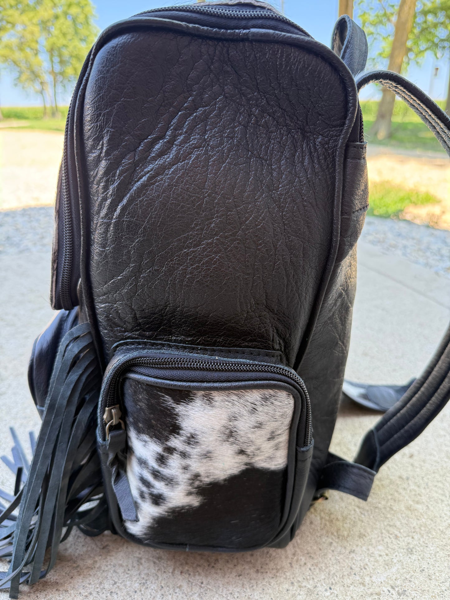 Black Leather Fringe Cowhide Backpack / Diaper Bag