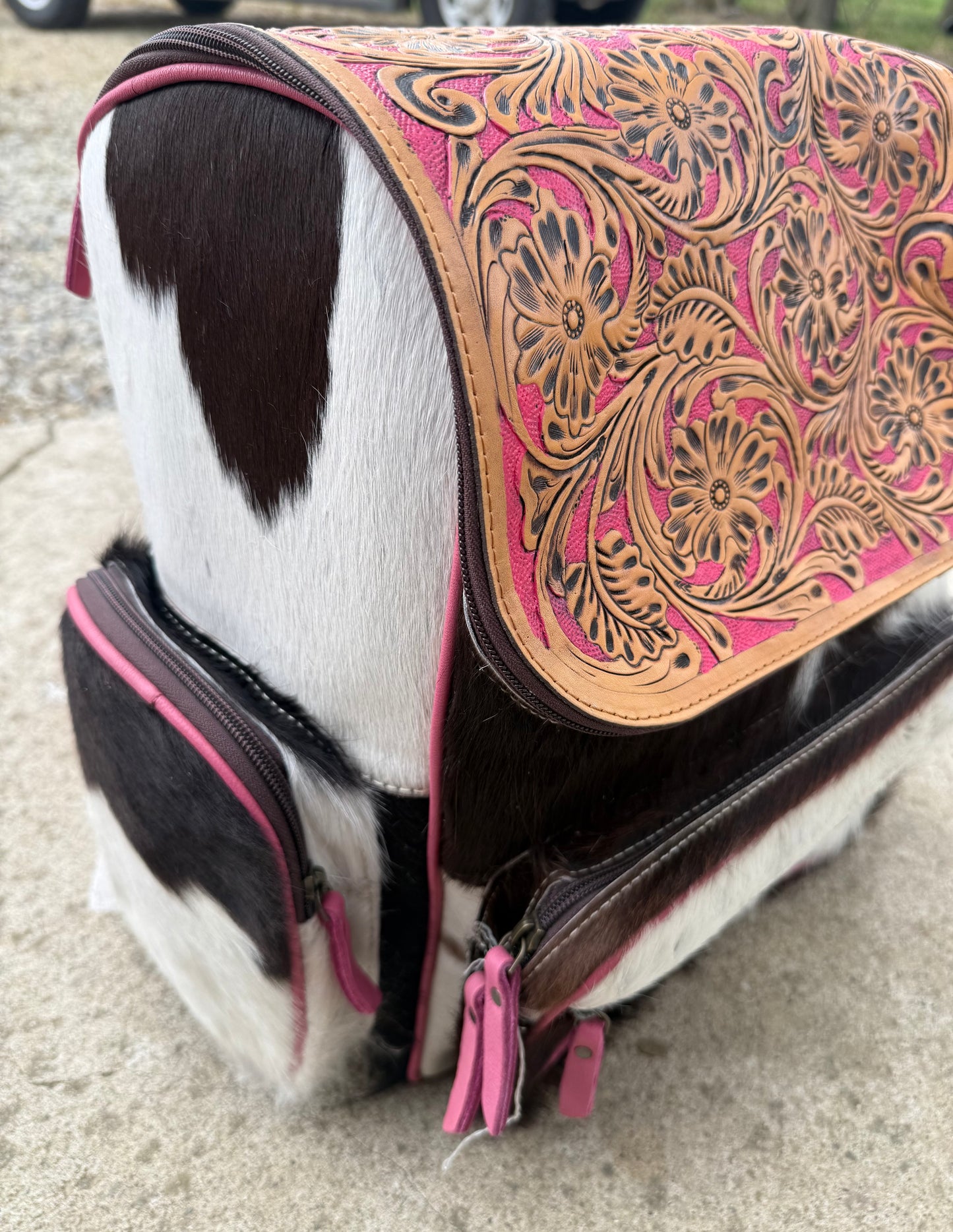 Pink Accent Tooled Leather Black Cowhide Backpack / Diaper Bag