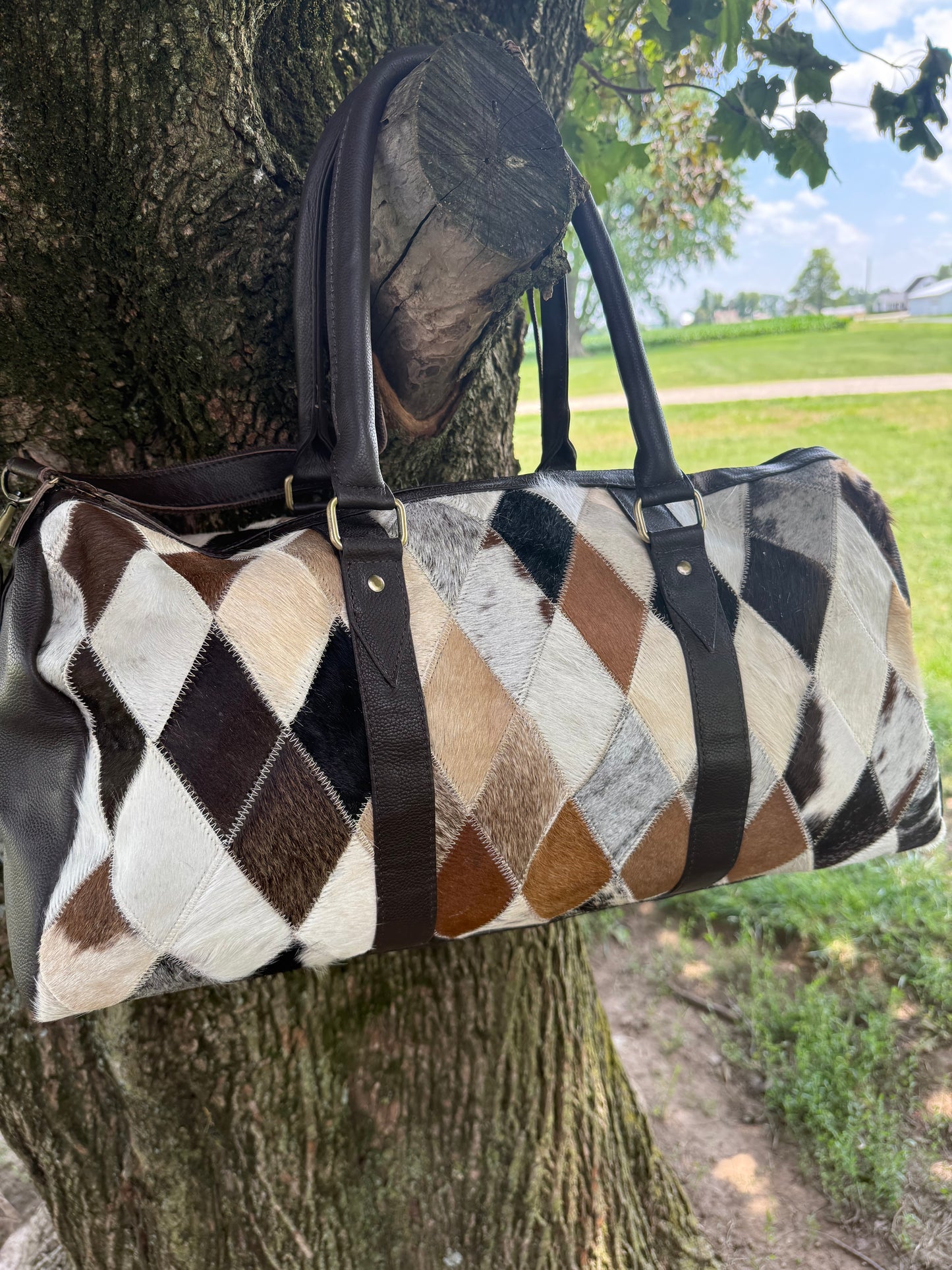 Large Cowhide Diamond Duffel Bag