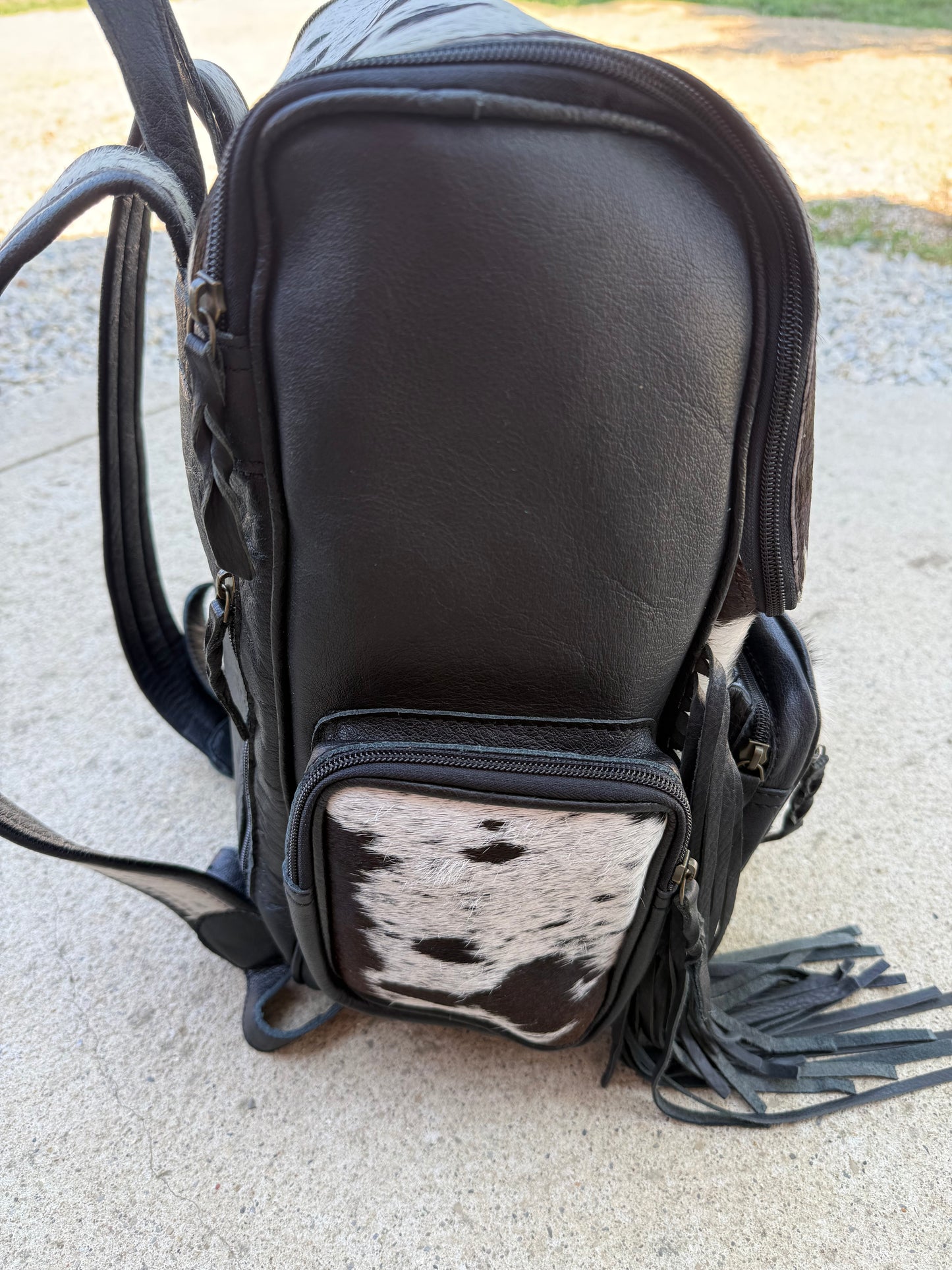 Black Leather Fringe Cowhide Backpack / Diaper Bag