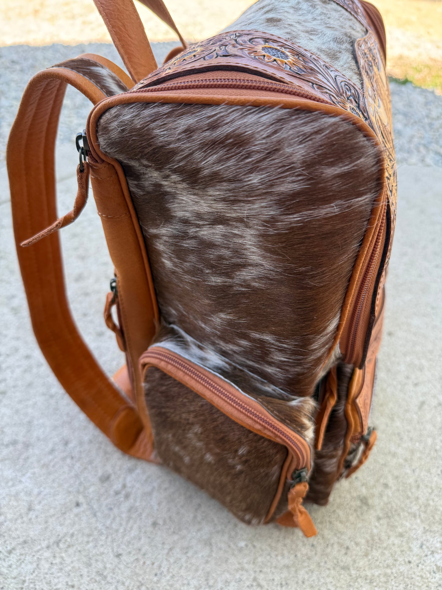 Sunflower Highland Cow Tooled Leather Brown Cowhide Backpack / Diaper Bag