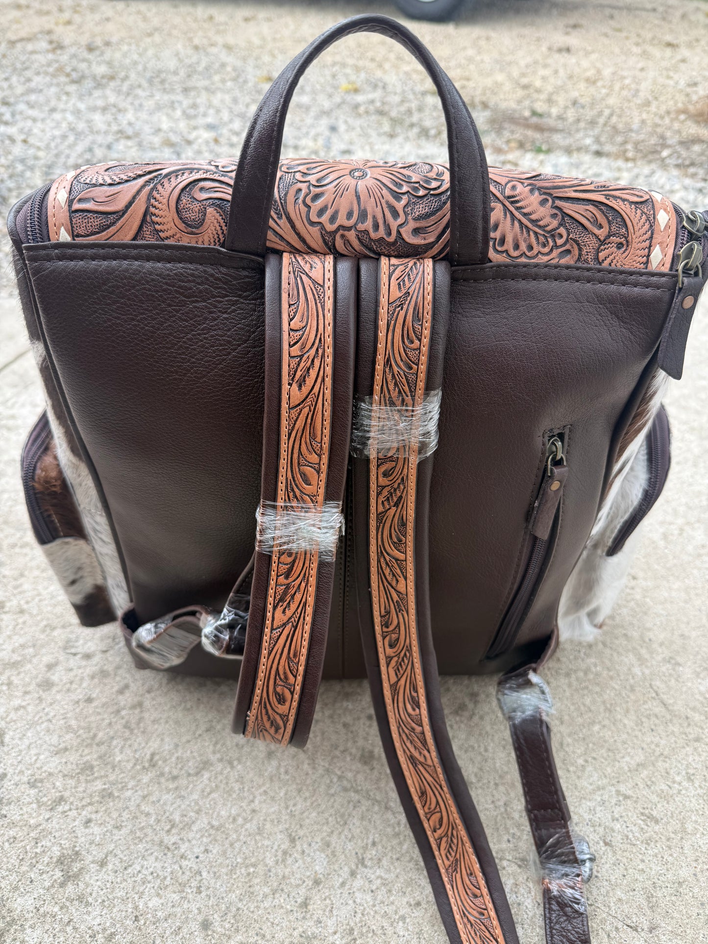 Tooled Leather Highland Cow Brown Cowhide Backpack / Diaper Bag