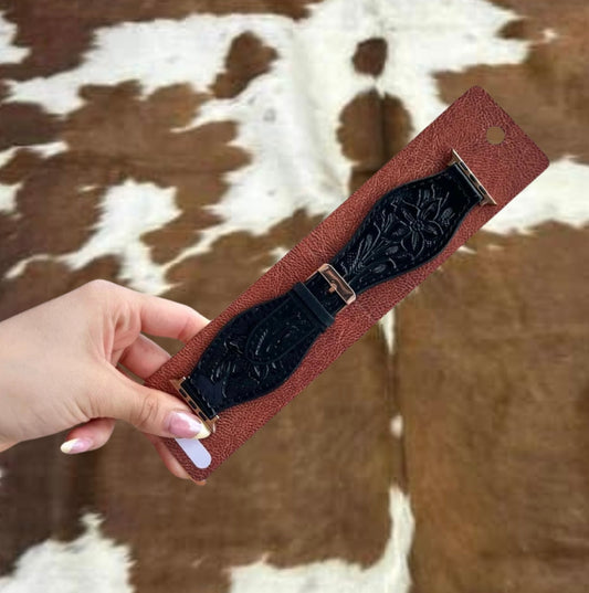Genuine Black Tooled Leather  a p p l e watch band