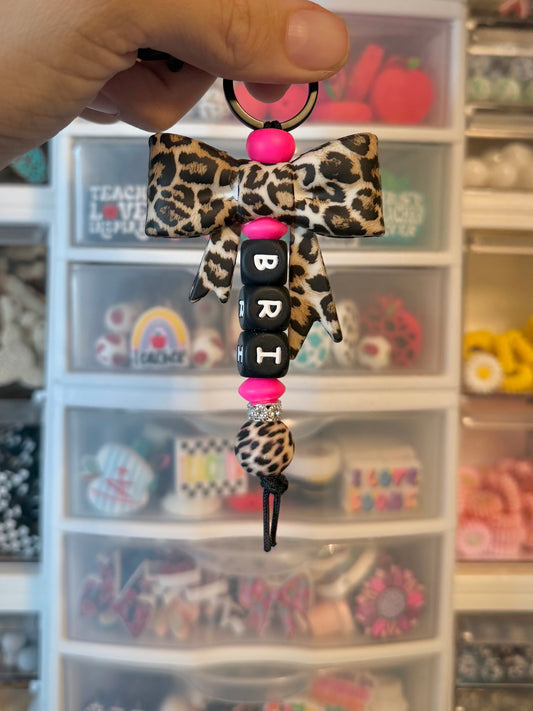 Cheetah Print Bow Pink Custom Name Keychain