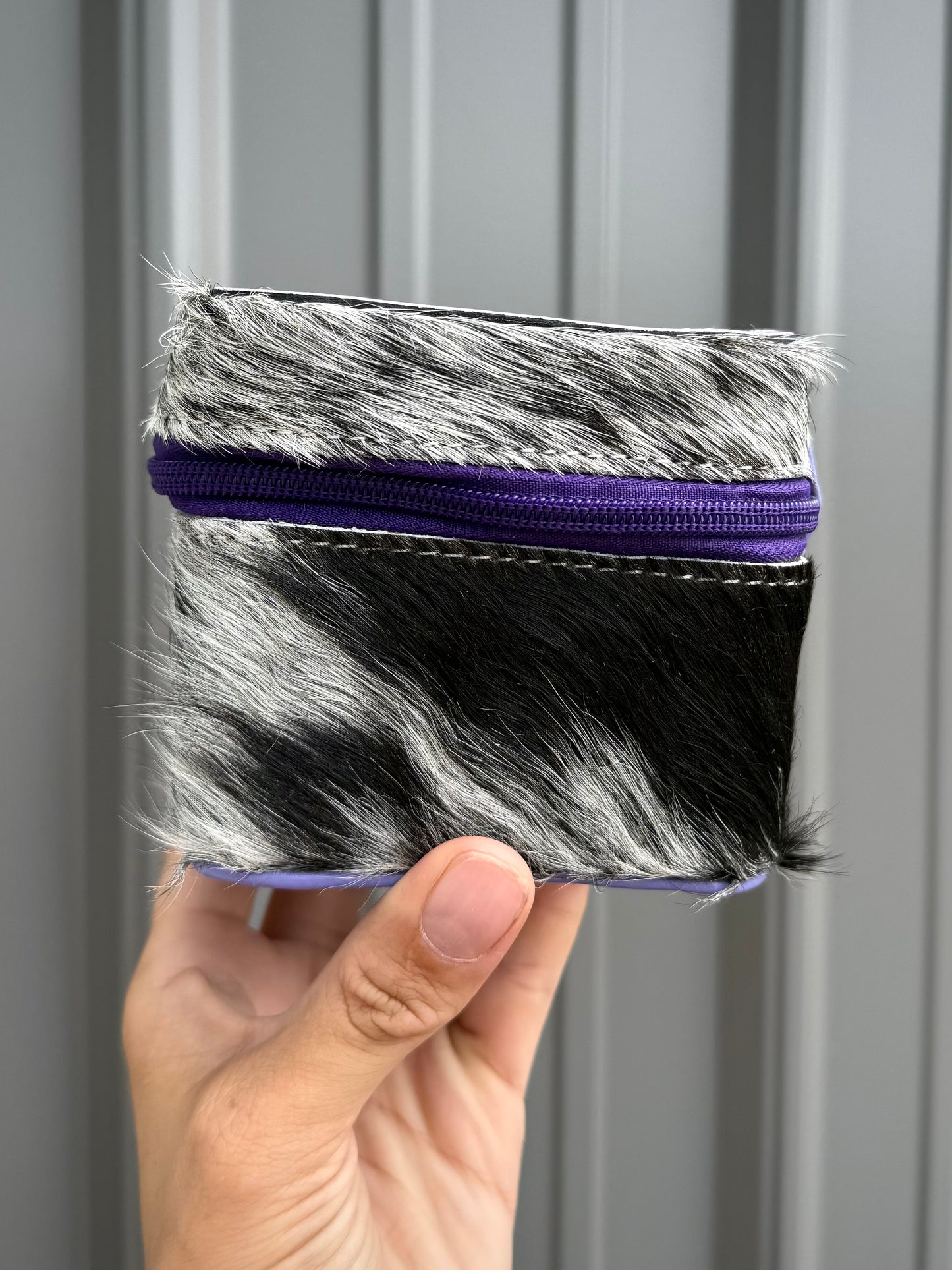 Lavender Purple Tooled Top Speckled Cowhide Square Jewelry Zipper Box
