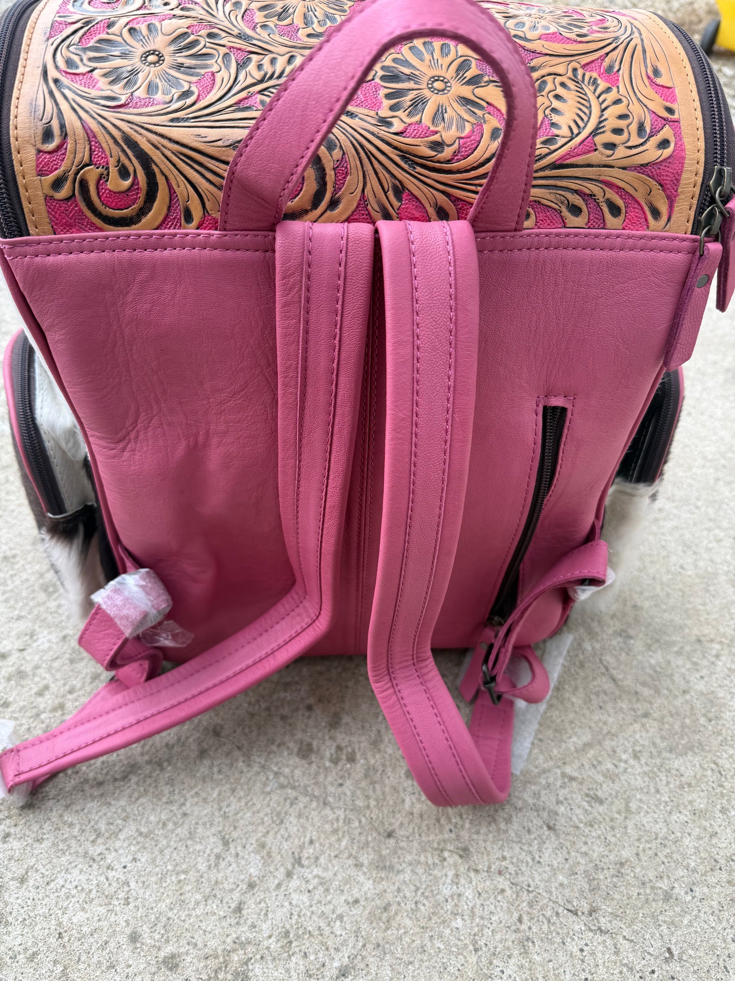 Pink Accent Tooled Leather Black Cowhide Backpack / Diaper Bag