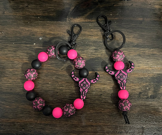 Pink Aztec Cow Skull Keychain Set