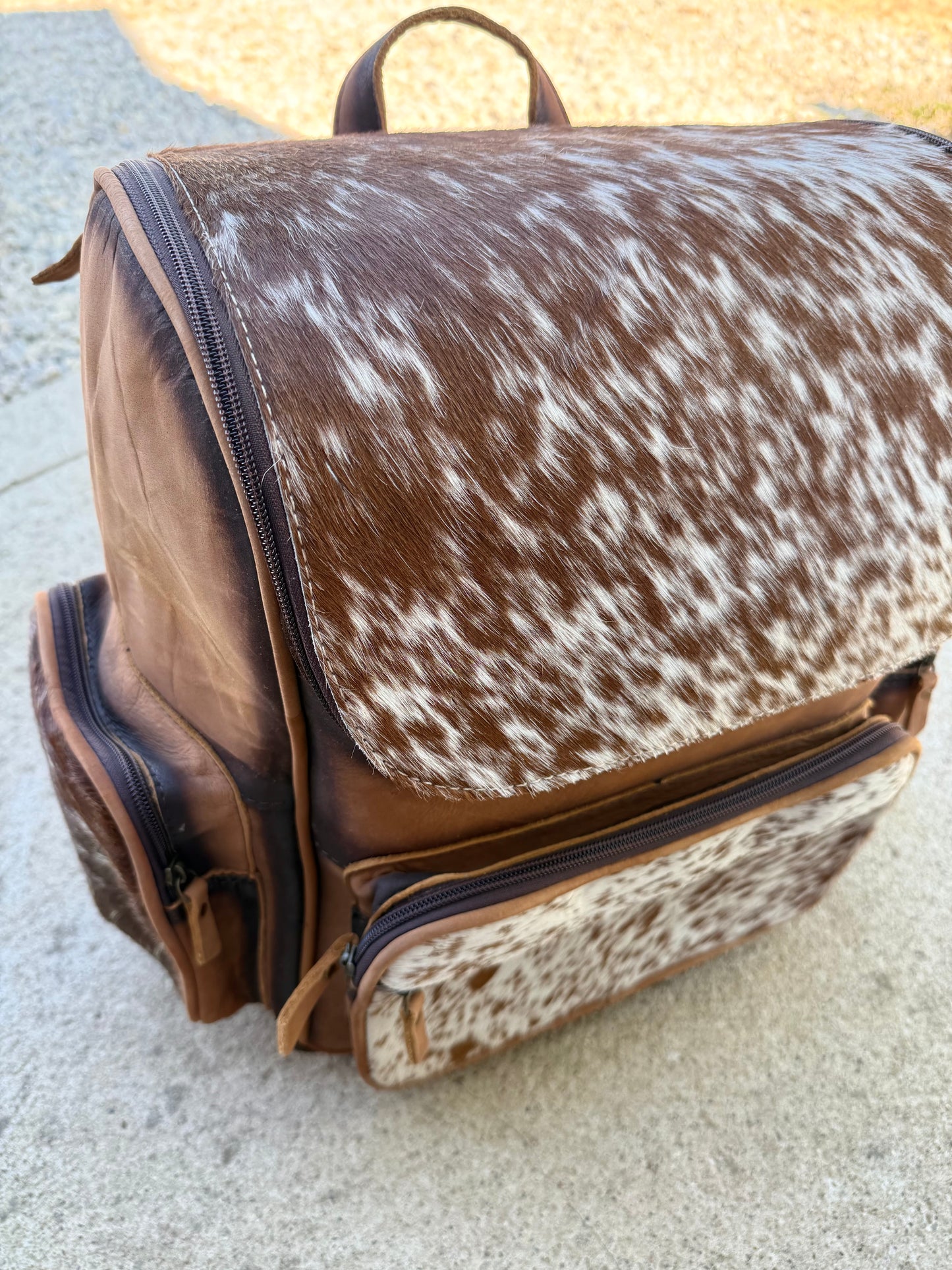Tooled Leather Speckled Brown Cowhide Rustic Leather Backpack / Diaper Bag
