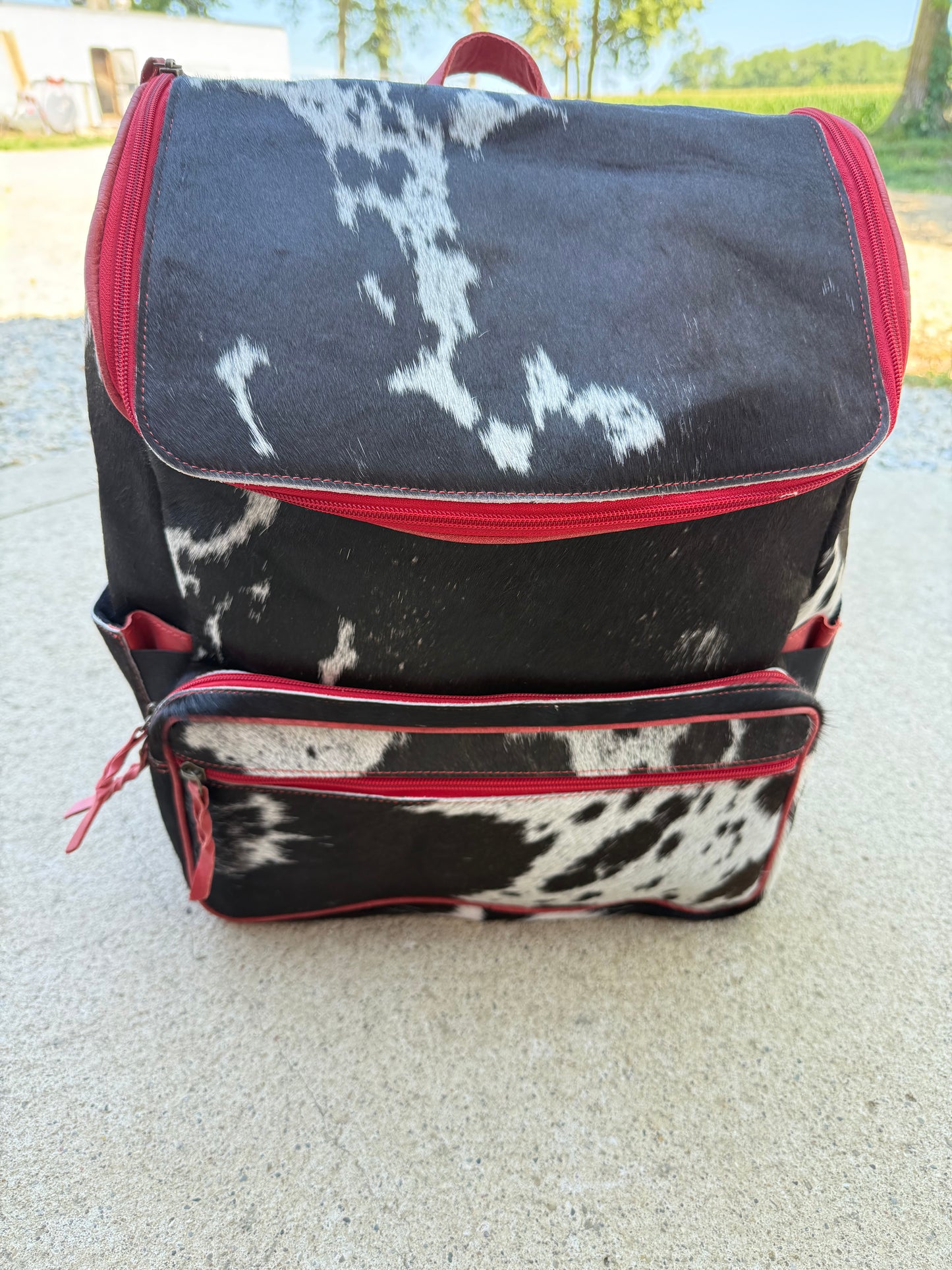 Red Leather Black Cowhide Backpack / Diaper Bag