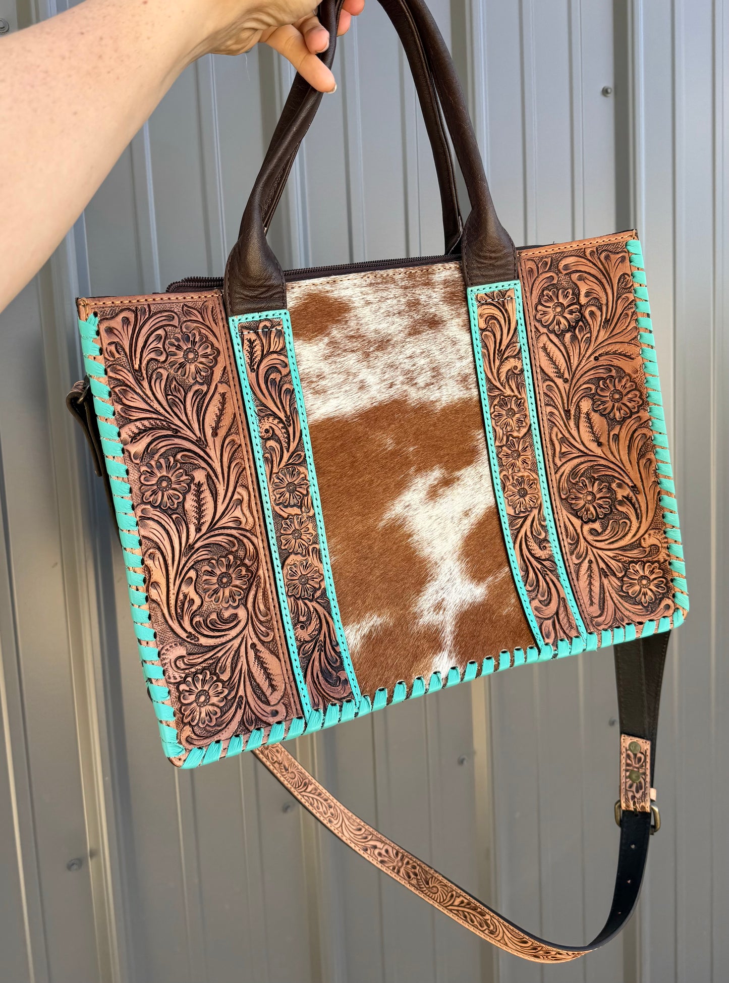 Tooled Turquoise Accent Genuine Cowhide Purse with Crossbody