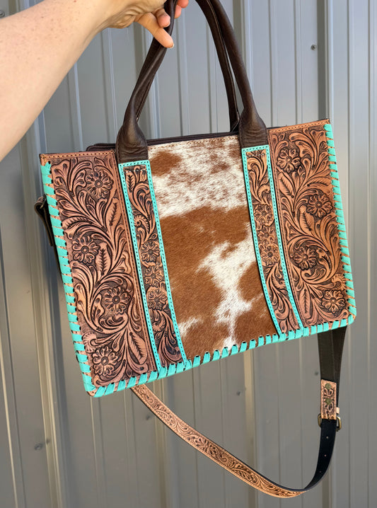 Tooled Turquoise Accent Genuine Cowhide Purse with Crossbody