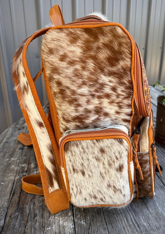 Sunflower Highland Cow Tooled Leather Brown Cowhide Backpack / Diaper Bag