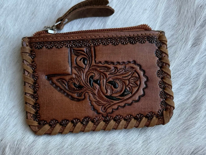 PREORDER Tooled Leather Coin Purse with Cowhide backing