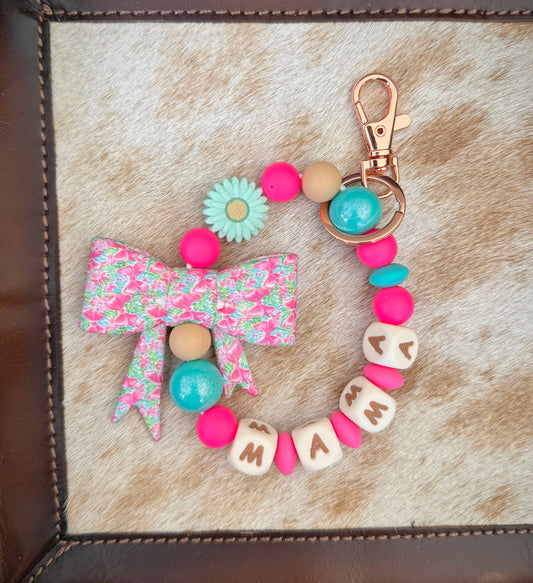 Turquoise and Pink Flower Bow Wristlet Keychain