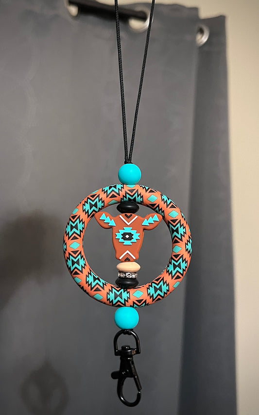 Rust and Turquoise Aztec Car Dangle