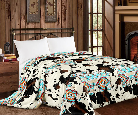 Cowhide with Aztec Show Cow Super Plush King Blanket