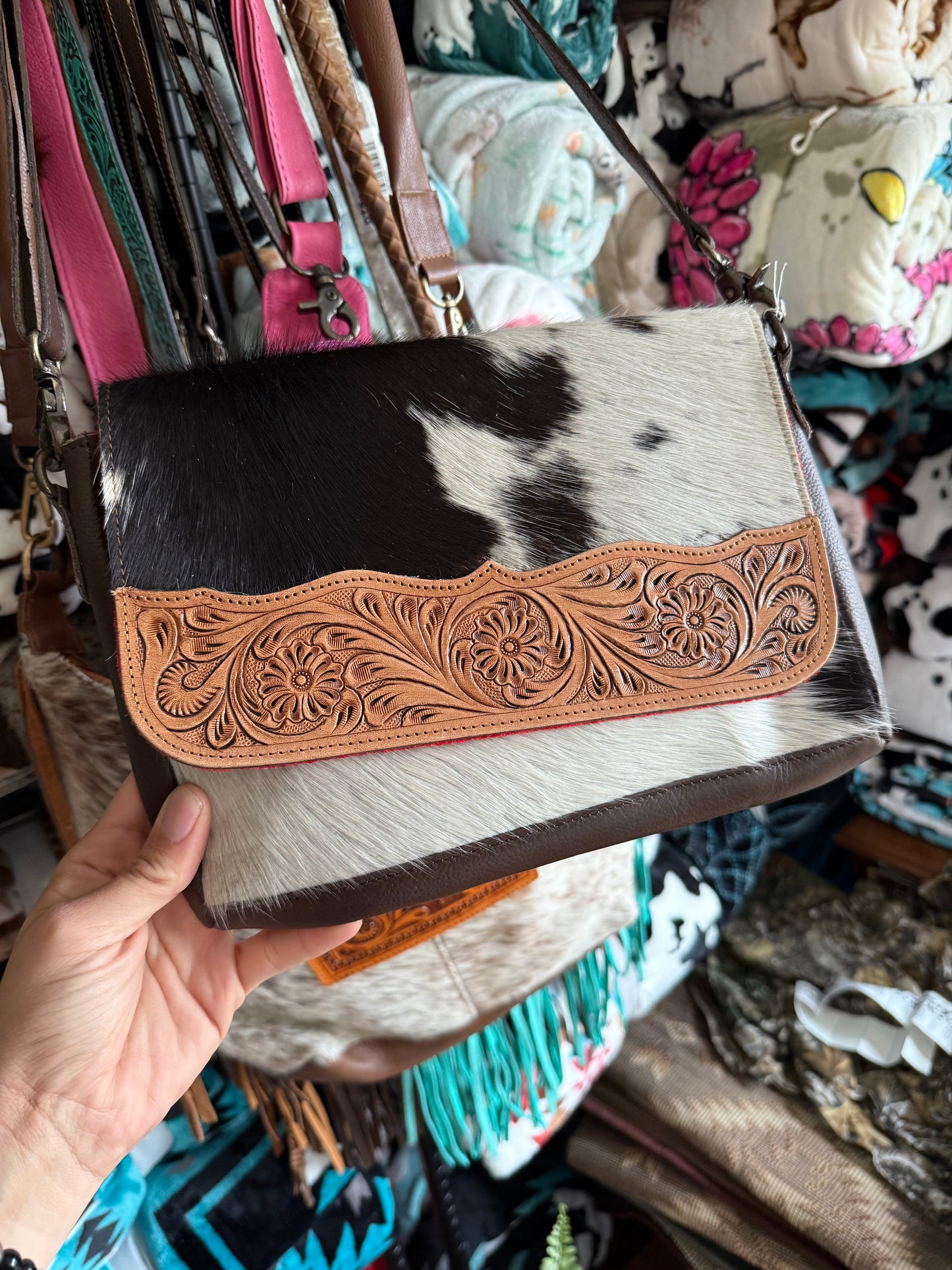 Cowhide Tooled Leather Crossbody Purse Bag