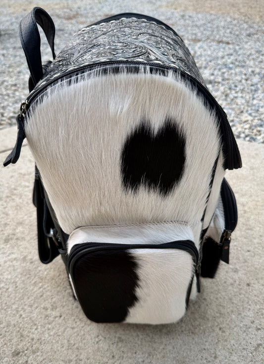 Tooled Leather Black Cowhide Backpack / Diaper Bag