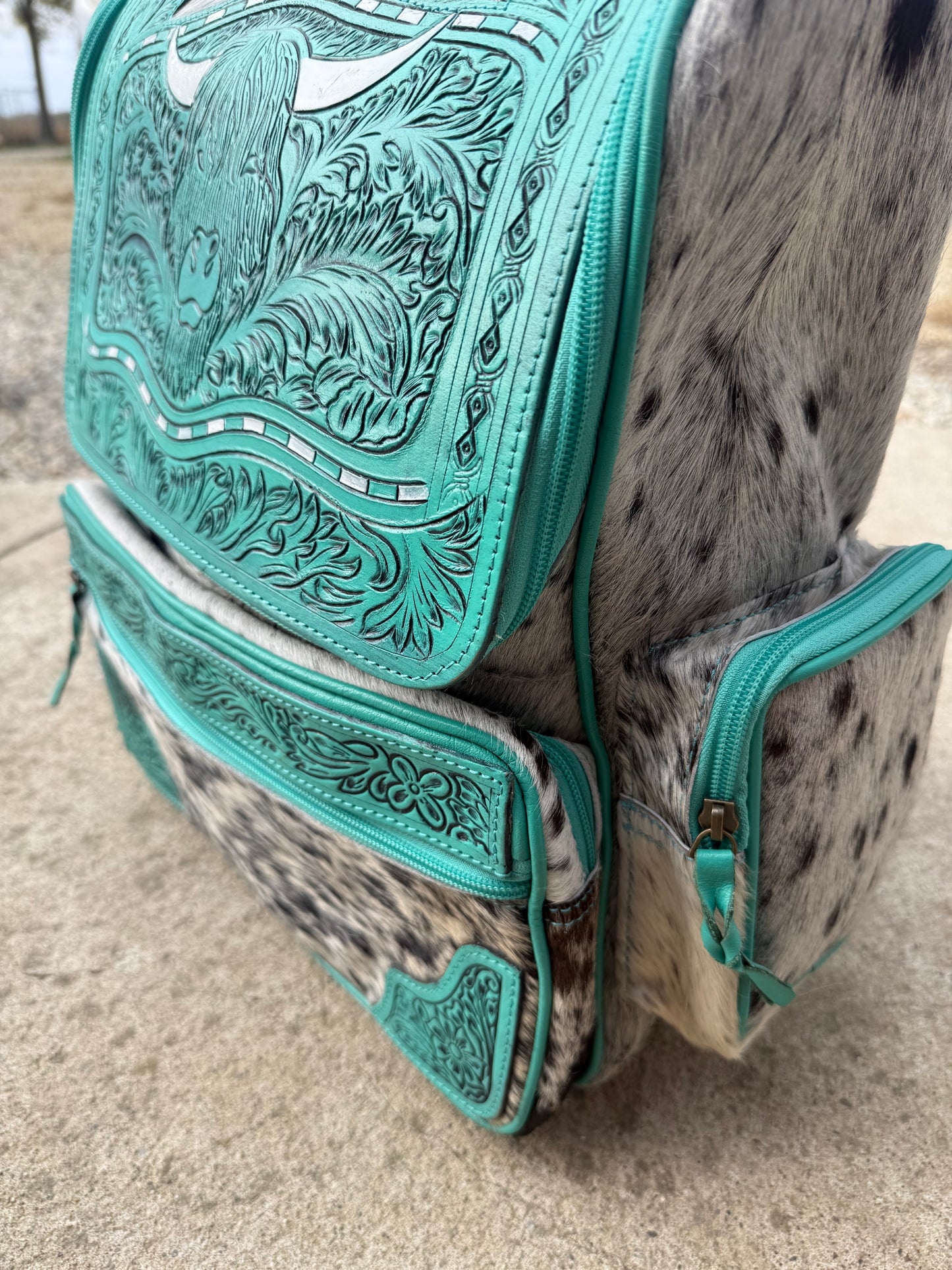 Turquoise Highland Cow Tooled Leather Black Speckled Cowhide Backpack / Diaper Bag