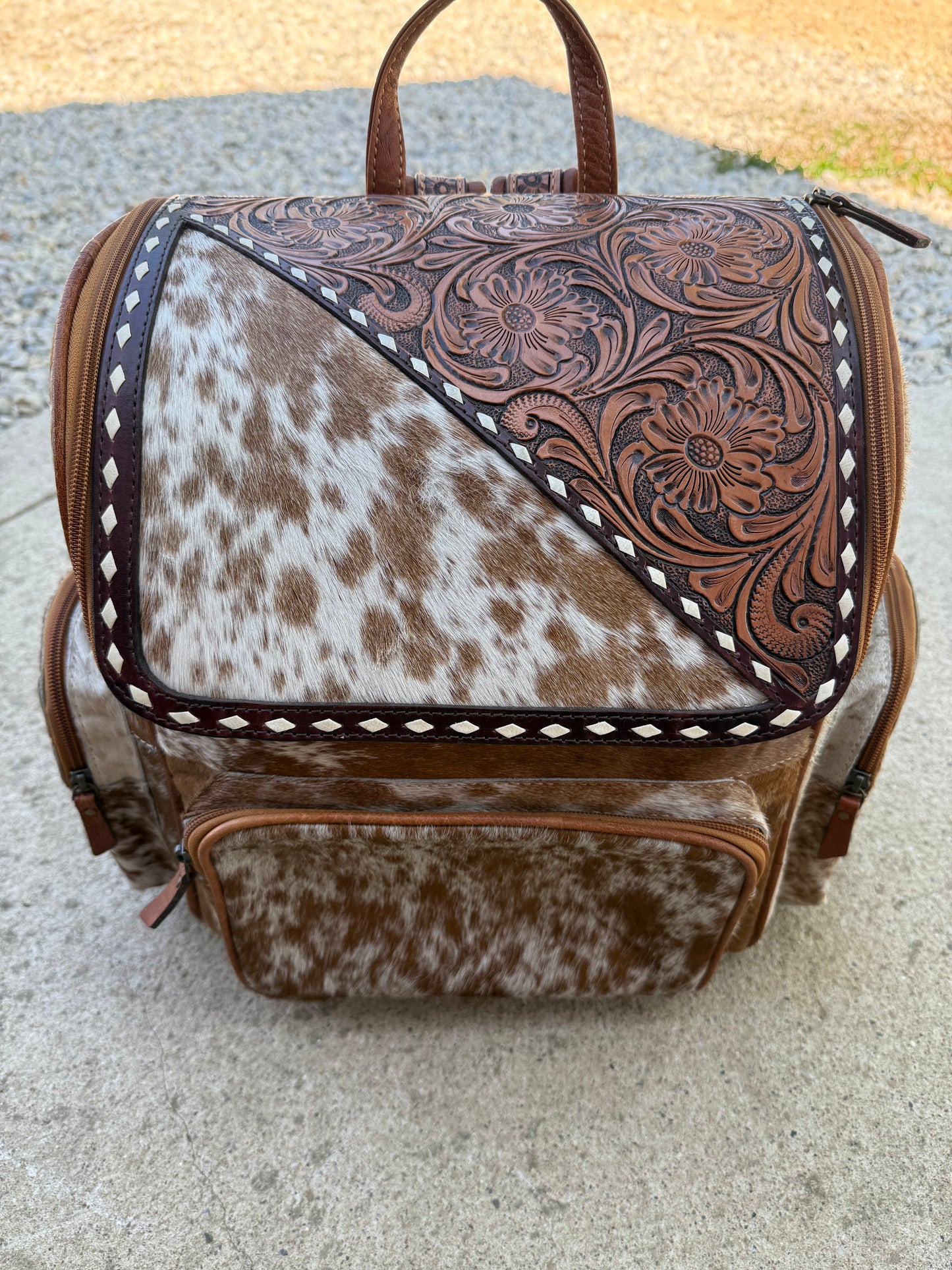 Tooled Leather Slant Brown Speckled Cowhide Backpack / Diaper Bag