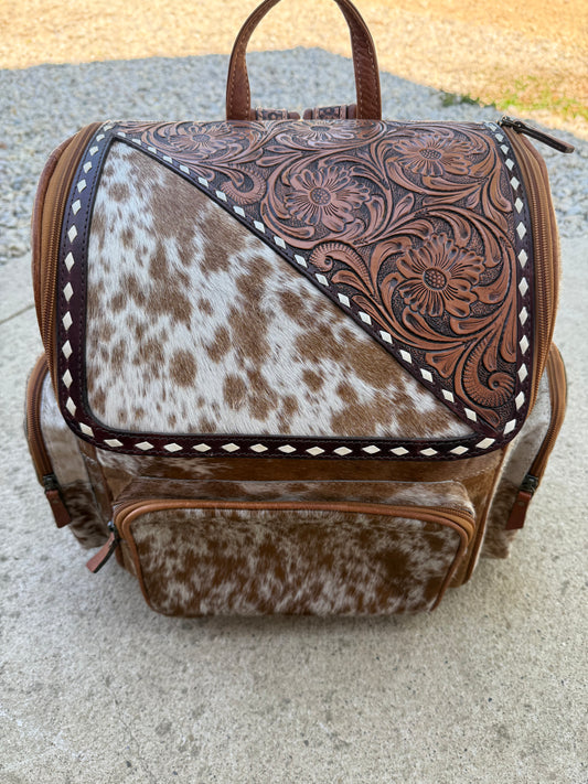 Tooled Leather Slant Brown Speckled Cowhide Backpack / Diaper Bag