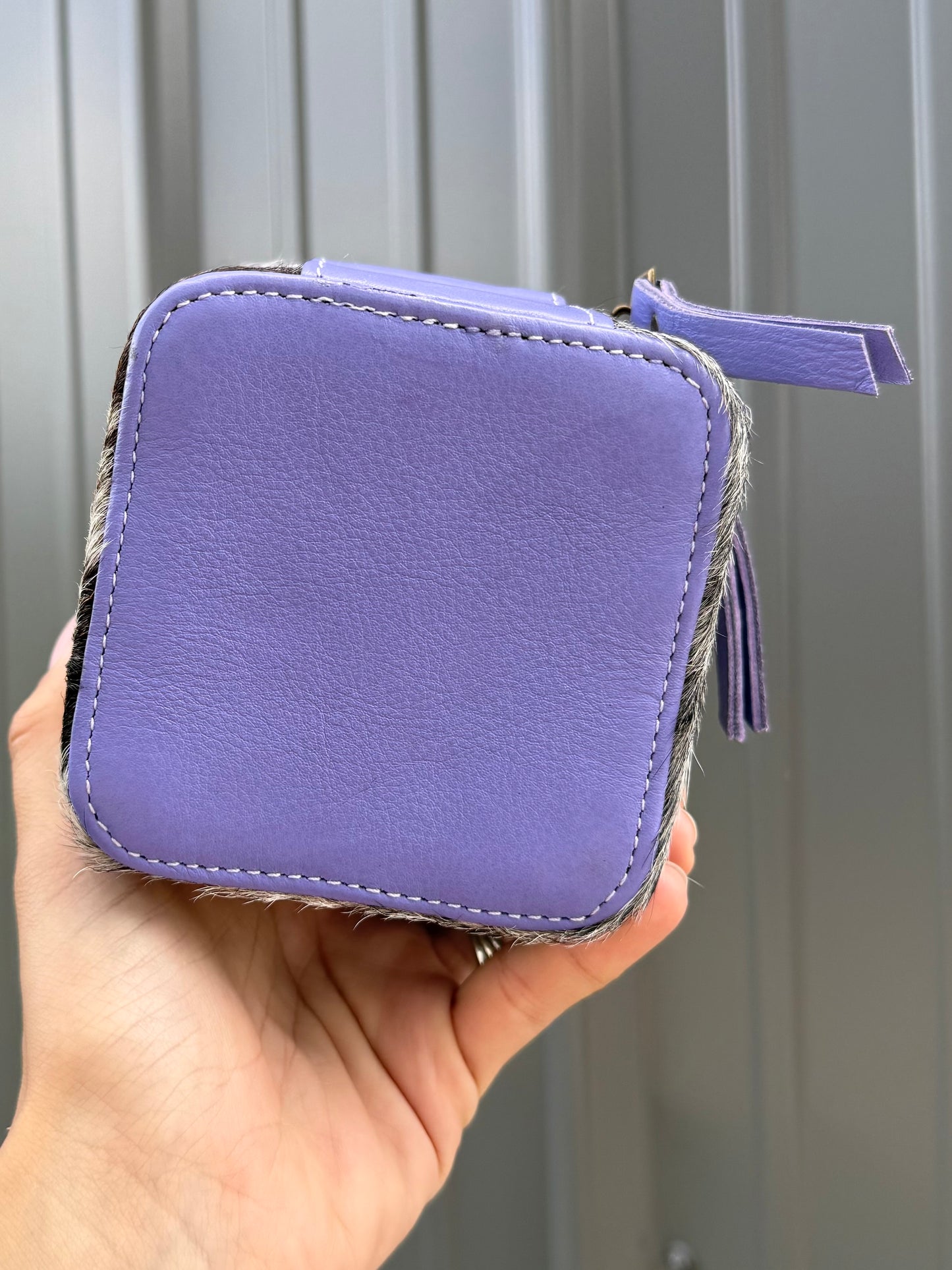 Lavender Purple Tooled Top Speckled Cowhide Square Jewelry Zipper Box