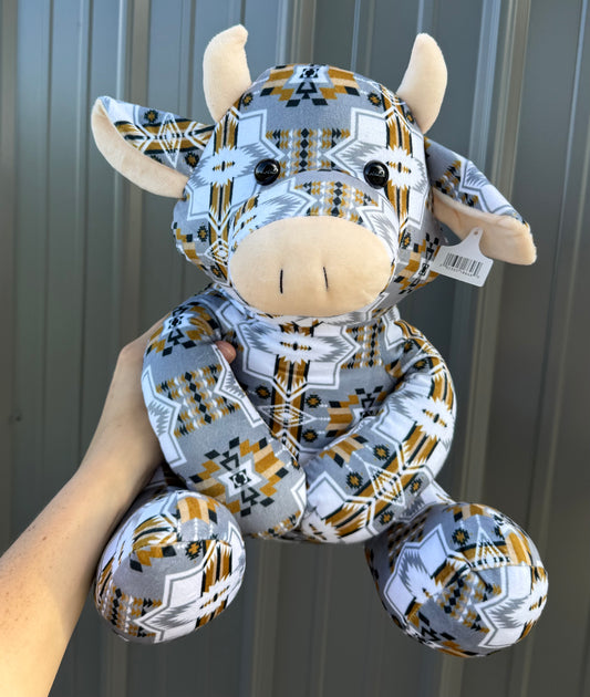 Large Gray Gold Aztec Sitting Cow Plushie