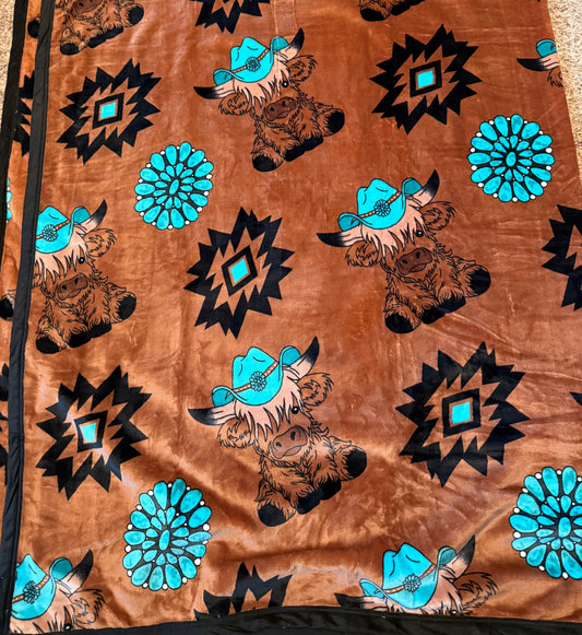 Western Highland Cow Turquoise Concho King Size Super Plush Blanket