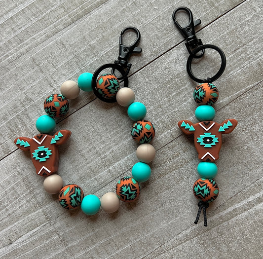 Rust and Turquoise Aztec Cow Keychain Set