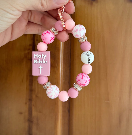 Mauve Pink Cross / Pink Floral Bible Wristlet