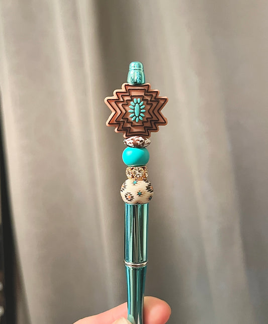 Turquoise Rhinestone with Cream Aztec Pen