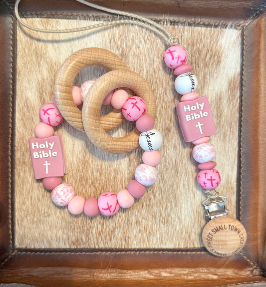 Mauve Bible Pink Cross Teether Set