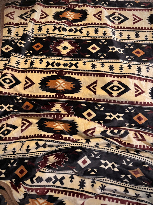 Beige Burgundy Aztec King Size Super Plush Blanket