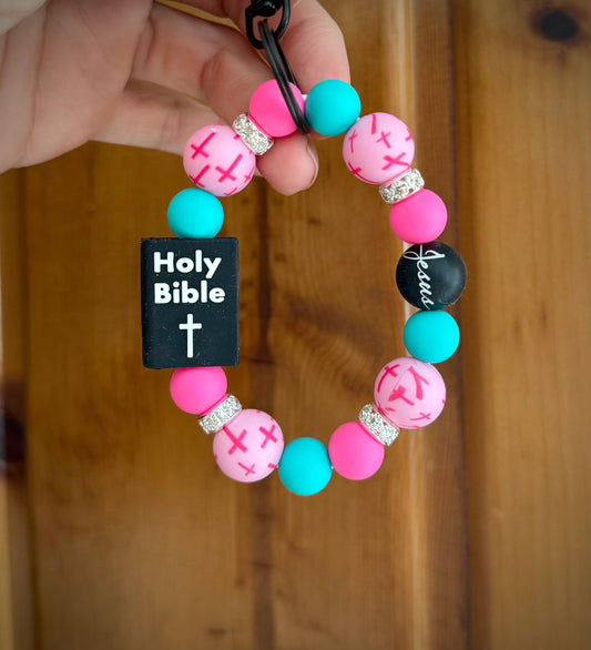 Pink/Turquoise Cross Black Bible Wristlet